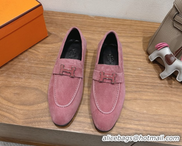 Good Quality Hermes Paris Loafers in Suede with H Pink2 2025 H082005 0820042