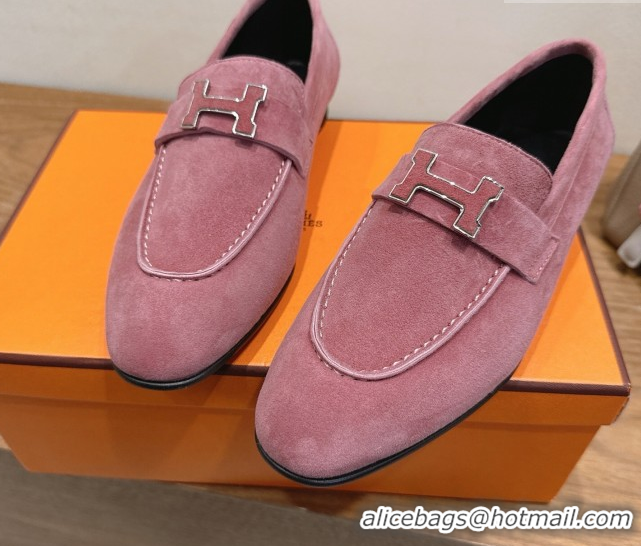 Good Quality Hermes Paris Loafers in Suede with H Pink2 2025 H082005 0820042