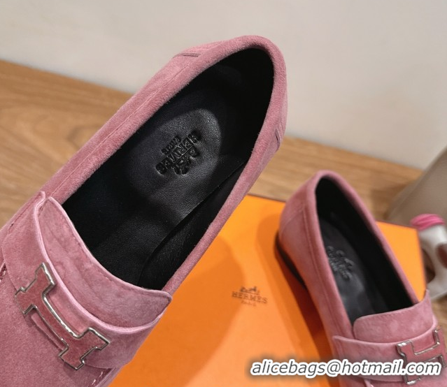 Good Quality Hermes Paris Loafers in Suede with H Pink2 2025 H082005 0820042