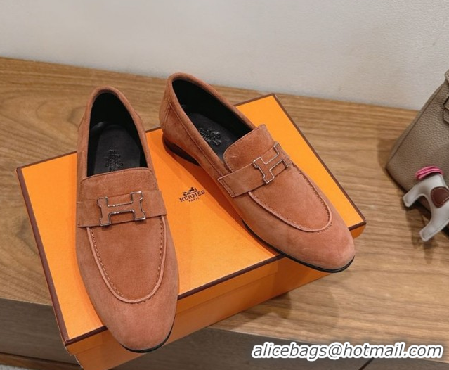 Top Grade Hermes Paris Loafers in Suede with H Brown 2025 H082005 0820044