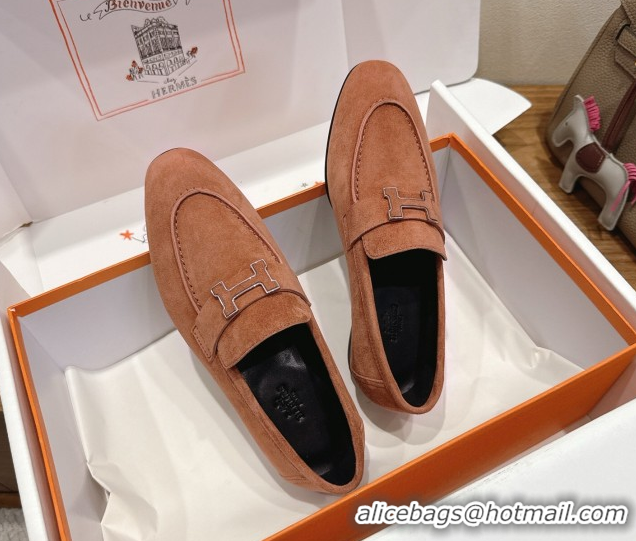 Top Grade Hermes Paris Loafers in Suede with H Brown 2025 H082005 0820044
