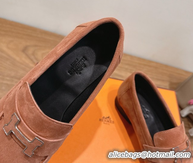 Top Grade Hermes Paris Loafers in Suede with H Brown 2025 H082005 0820044