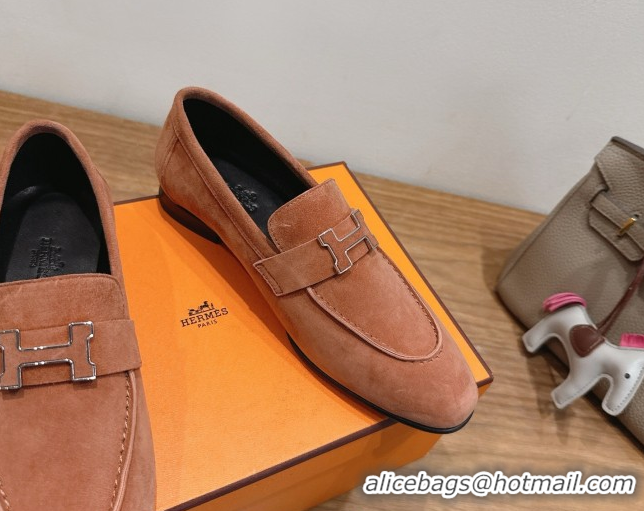 Top Grade Hermes Paris Loafers in Suede with H Brown 2025 H082005 0820044