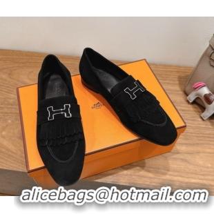 Trendy Design Hermes Royal Loafers in Suede with Fringe Black 2025 H082006 0820047