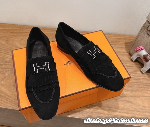 Trendy Design Hermes Royal Loafers in Suede with Fringe Black 2025 H082006 0820047