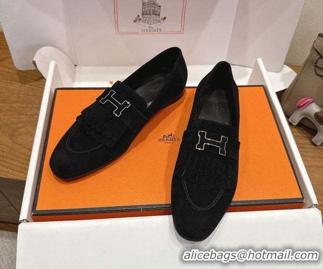 Trendy Design Hermes Royal Loafers in Suede with Fringe Black 2025 H082006 0820047