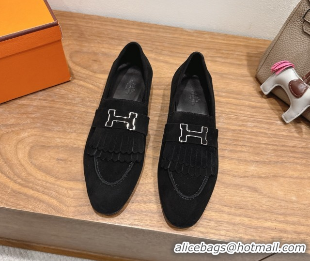 Trendy Design Hermes Royal Loafers in Suede with Fringe Black 2025 H082006 0820047