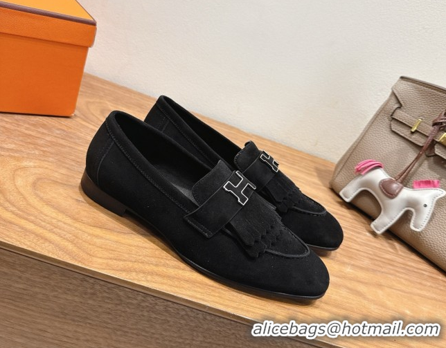 Trendy Design Hermes Royal Loafers in Suede with Fringe Black 2025 H082006 0820047