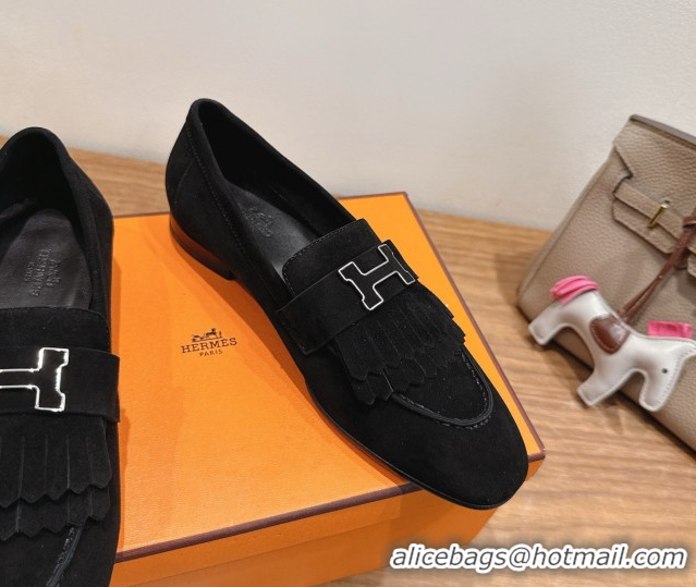 Trendy Design Hermes Royal Loafers in Suede with Fringe Black 2025 H082006 0820047