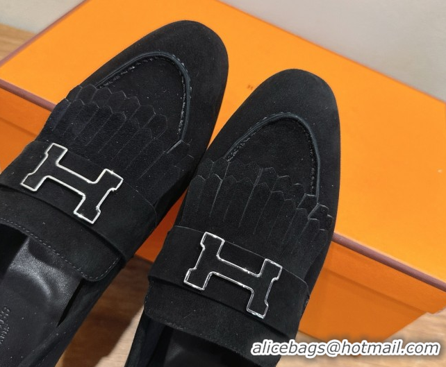 Trendy Design Hermes Royal Loafers in Suede with Fringe Black 2025 H082006 0820047