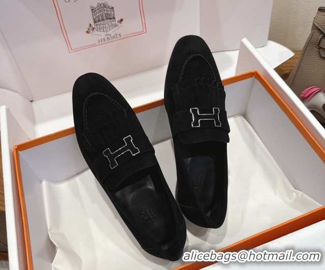 Trendy Design Hermes Royal Loafers in Suede with Fringe Black 2025 H082006 0820047