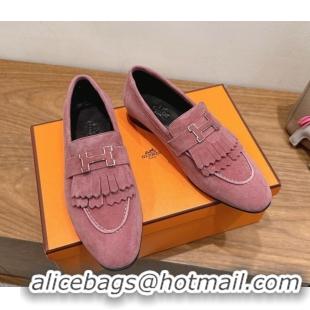 Durable Hermes Royal Loafers in Suede with Fringe Pink 2025 H082006 0820048