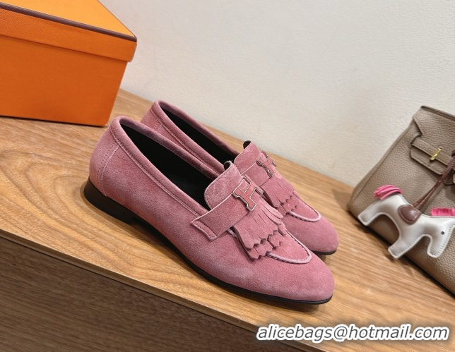 Durable Hermes Royal Loafers in Suede with Fringe Pink 2025 H082006 0820048