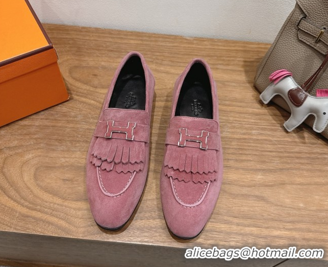 Durable Hermes Royal Loafers in Suede with Fringe Pink 2025 H082006 0820048