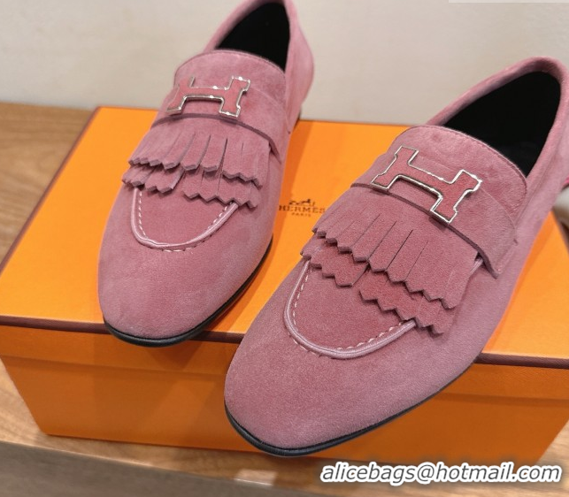 Durable Hermes Royal Loafers in Suede with Fringe Pink 2025 H082006 0820048