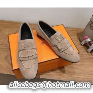 Charming Hermes Royal Loafers in Suede with Fringe Grey 2025 H082006 0820049