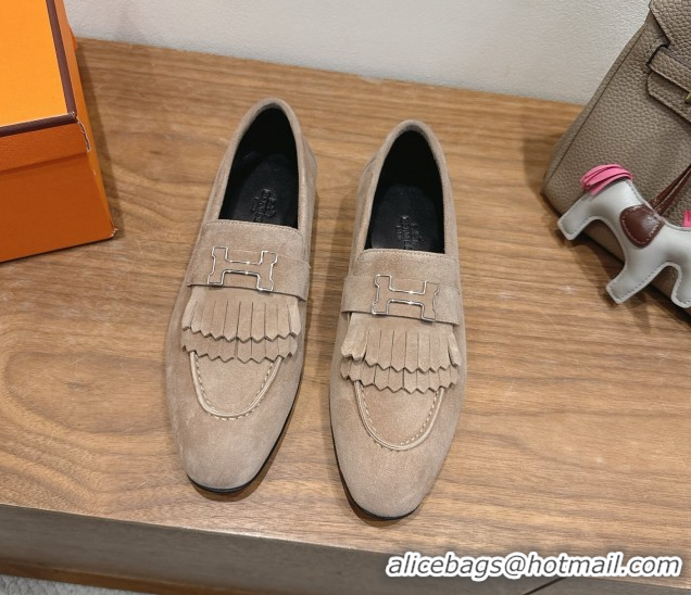 Charming Hermes Royal Loafers in Suede with Fringe Grey 2025 H082006 0820049