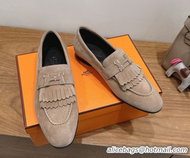 Charming Hermes Royal Loafers in Suede with Fringe Grey 2025 H082006 0820049