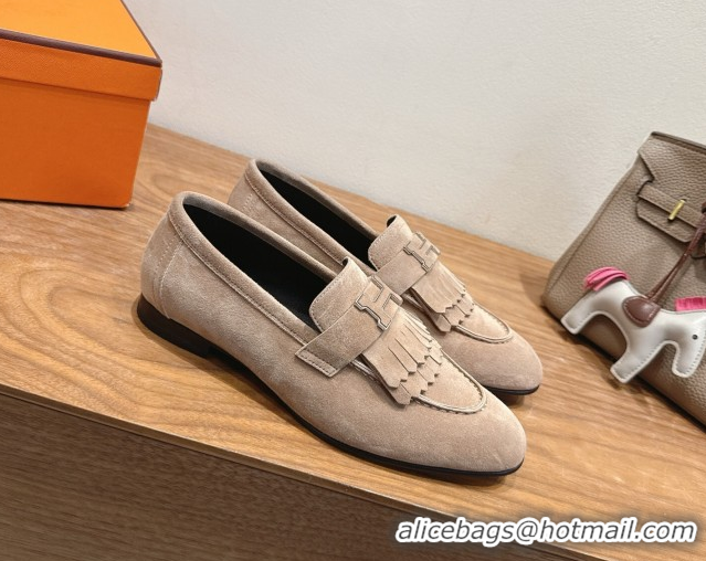 Charming Hermes Royal Loafers in Suede with Fringe Grey 2025 H082006 0820049