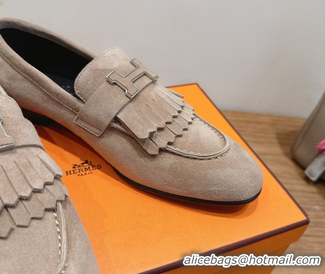 Charming Hermes Royal Loafers in Suede with Fringe Grey 2025 H082006 0820049