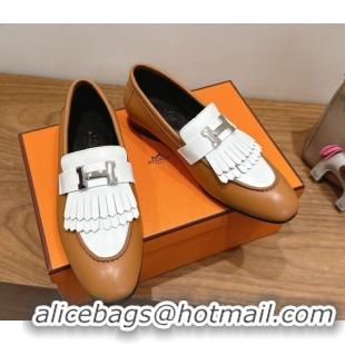Popular Style Hermes Royal Loafers in Calfskin Leather with Fringe Brown/White 2025 H082006 0820050
