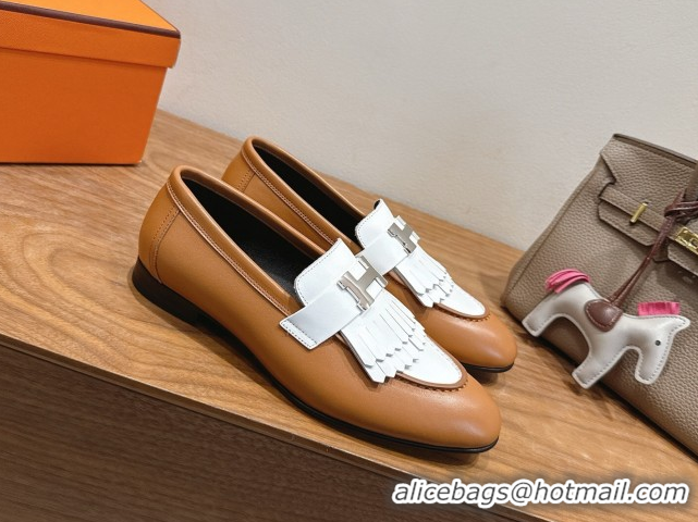 Popular Style Hermes Royal Loafers in Calfskin Leather with Fringe Brown/White 2025 H082006 0820050