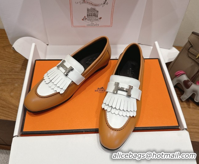 Popular Style Hermes Royal Loafers in Calfskin Leather with Fringe Brown/White 2025 H082006 0820050