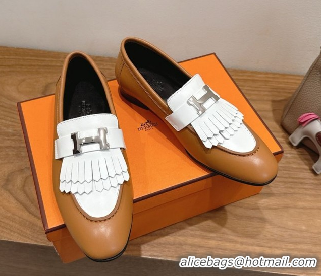 Popular Style Hermes Royal Loafers in Calfskin Leather with Fringe Brown/White 2025 H082006 0820050