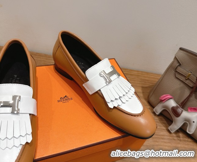 Popular Style Hermes Royal Loafers in Calfskin Leather with Fringe Brown/White 2025 H082006 0820050