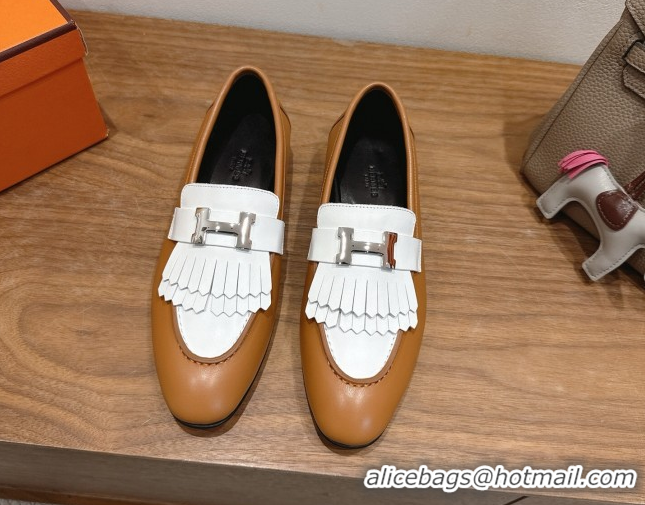 Popular Style Hermes Royal Loafers in Calfskin Leather with Fringe Brown/White 2025 H082006 0820050