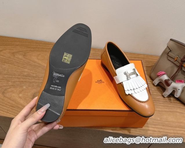 Popular Style Hermes Royal Loafers in Calfskin Leather with Fringe Brown/White 2025 H082006 0820050