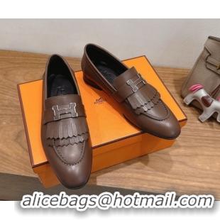 Expensive Hermes Royal Loafers in Calfskin Leather with Fringe Taupe 2025 H082006 0820051