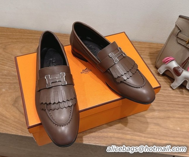 Expensive Hermes Royal Loafers in Calfskin Leather with Fringe Taupe 2025 H082006 0820051