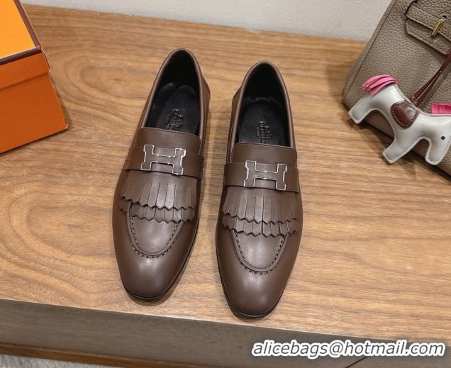 Expensive Hermes Royal Loafers in Calfskin Leather with Fringe Taupe 2025 H082006 0820051