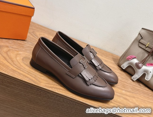 Expensive Hermes Royal Loafers in Calfskin Leather with Fringe Taupe 2025 H082006 0820051