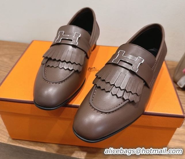 Expensive Hermes Royal Loafers in Calfskin Leather with Fringe Taupe 2025 H082006 0820051