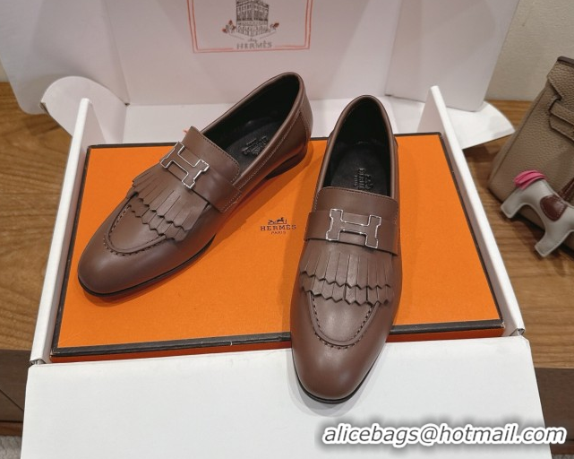 Expensive Hermes Royal Loafers in Calfskin Leather with Fringe Taupe 2025 H082006 0820051