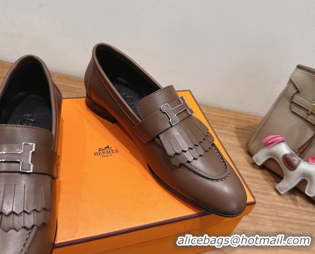 Expensive Hermes Royal Loafers in Calfskin Leather with Fringe Taupe 2025 H082006 0820051