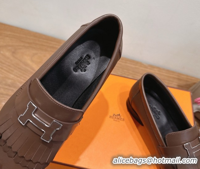 Expensive Hermes Royal Loafers in Calfskin Leather with Fringe Taupe 2025 H082006 0820051