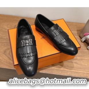 Elegant Hermes Royal Loafers in Calfskin Leather with Fringe Black 2025 H082006 0820053
