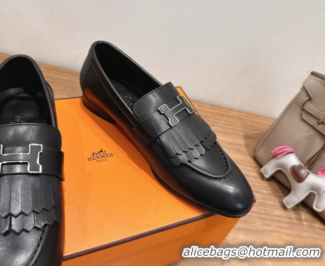 Elegant Hermes Royal Loafers in Calfskin Leather with Fringe Black 2025 H082006 0820053
