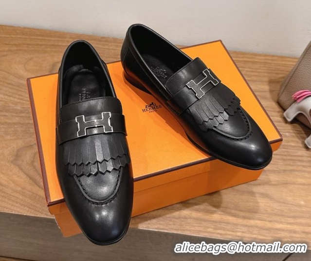 Elegant Hermes Royal Loafers in Calfskin Leather with Fringe Black 2025 H082006 0820053