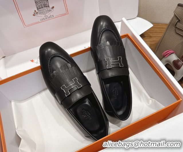 Elegant Hermes Royal Loafers in Calfskin Leather with Fringe Black 2025 H082006 0820053