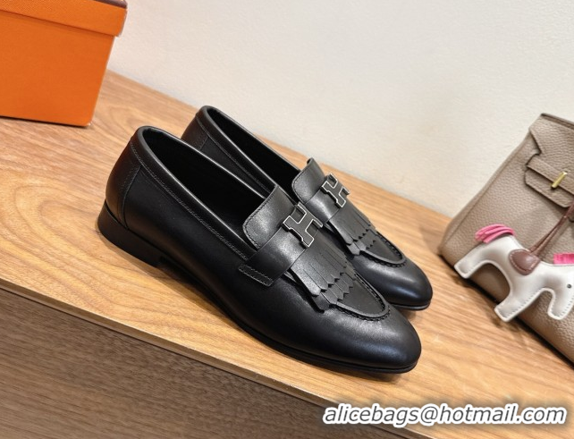 Elegant Hermes Royal Loafers in Calfskin Leather with Fringe Black 2025 H082006 0820053