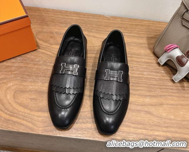 Elegant Hermes Royal Loafers in Calfskin Leather with Fringe Black 2025 H082006 0820053