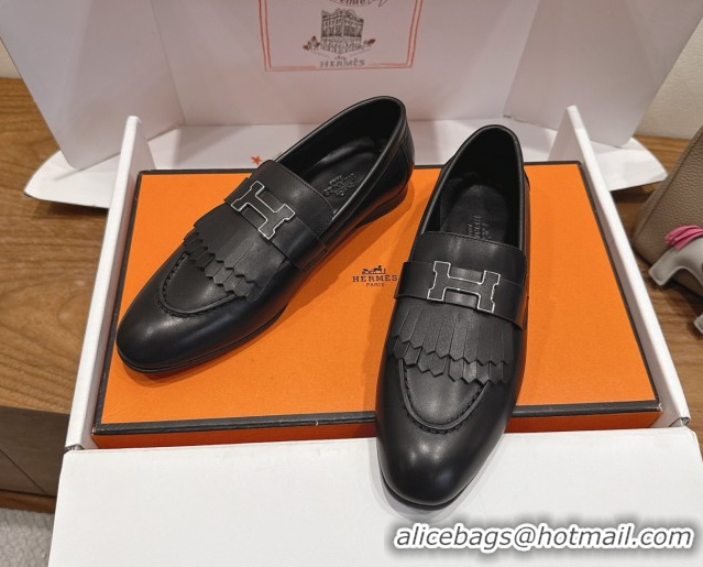Elegant Hermes Royal Loafers in Calfskin Leather with Fringe Black 2025 H082006 0820053