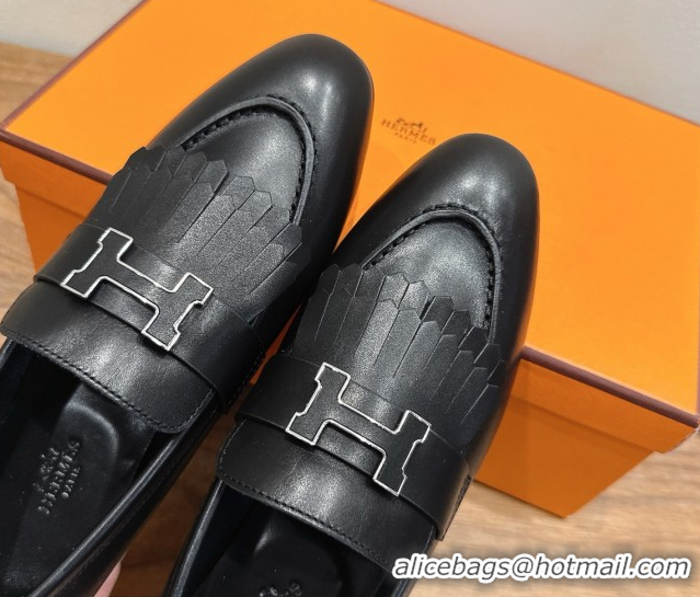 Elegant Hermes Royal Loafers in Calfskin Leather with Fringe Black 2025 H082006 0820053