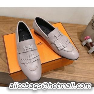 Top Sales Hermes Royal Loafers in Calfskin Leather with Fringe Light Grey 2025 H082006 0820054