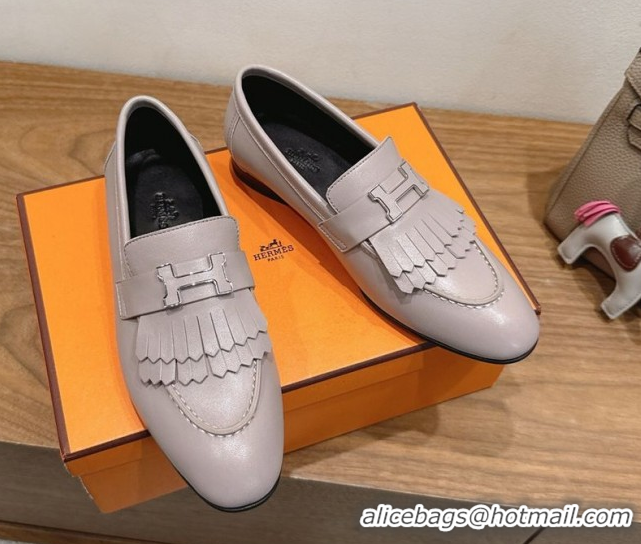 Top Sales Hermes Royal Loafers in Calfskin Leather with Fringe Light Grey 2025 H082006 0820054