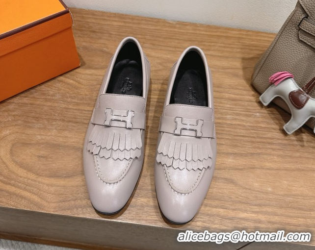 Top Sales Hermes Royal Loafers in Calfskin Leather with Fringe Light Grey 2025 H082006 0820054